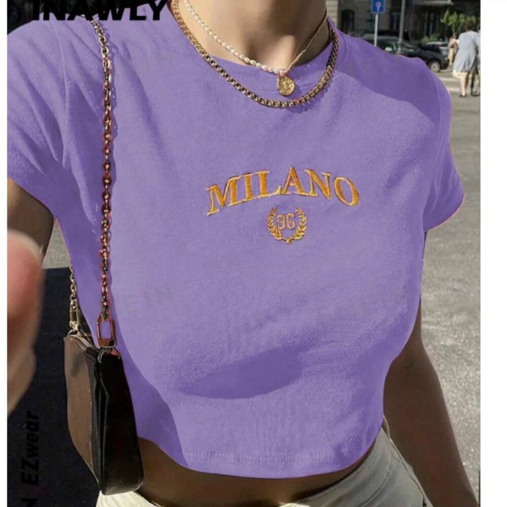 Vintage Women's Letter Embroidery Crew Neck Short Sleeve Crop Top T-Shirt